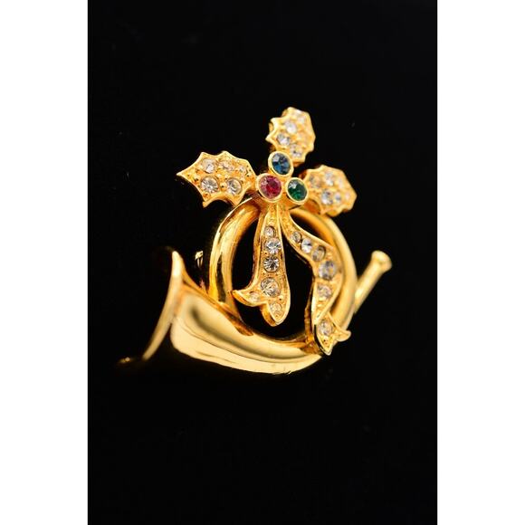 Merksamer Vintage Horn Pin Brooch Rhinestone Crystal Gold Tone Signed 90s BinAT - Picture 3 of 12